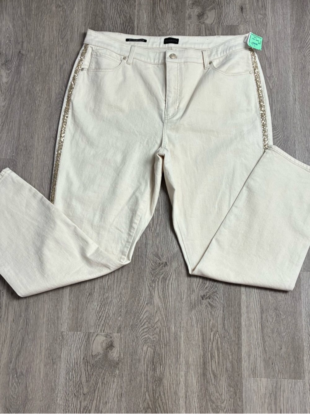 Talbots 16W Cream Straight Leg Jeans Gold Sequin Side Stripe